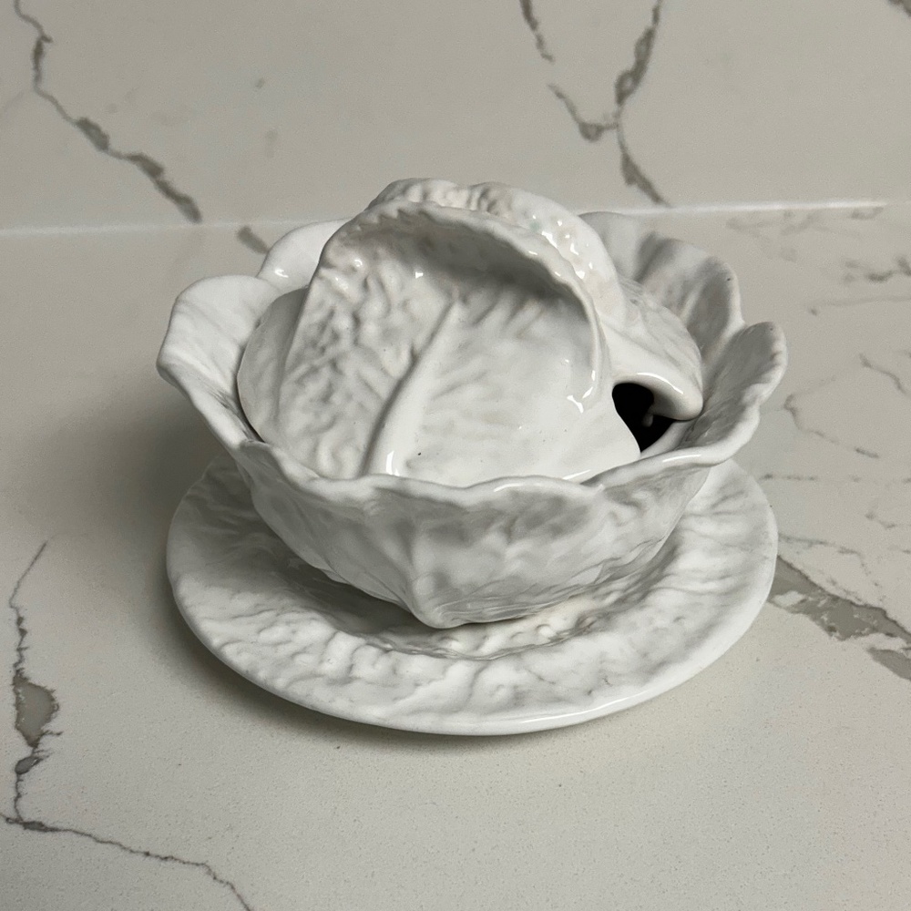 Bordallo Pinheiro Cabbage Leaf Ceramic Gravy Boat/ Tureen & Plate White